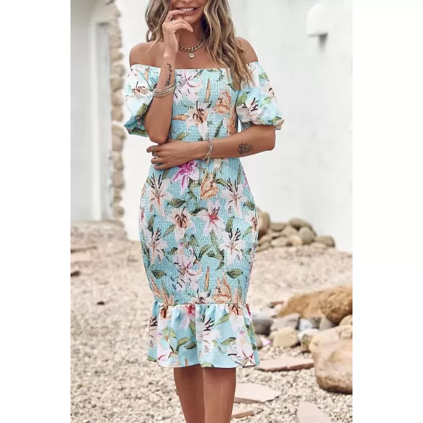 imagePRETTYGARDEN Womens Summer Floral Midi Bodycon Dresses Short Puff Sleeve Square Neck Ruffle Hem Mermaid Cocktail DressFloral Light Green White