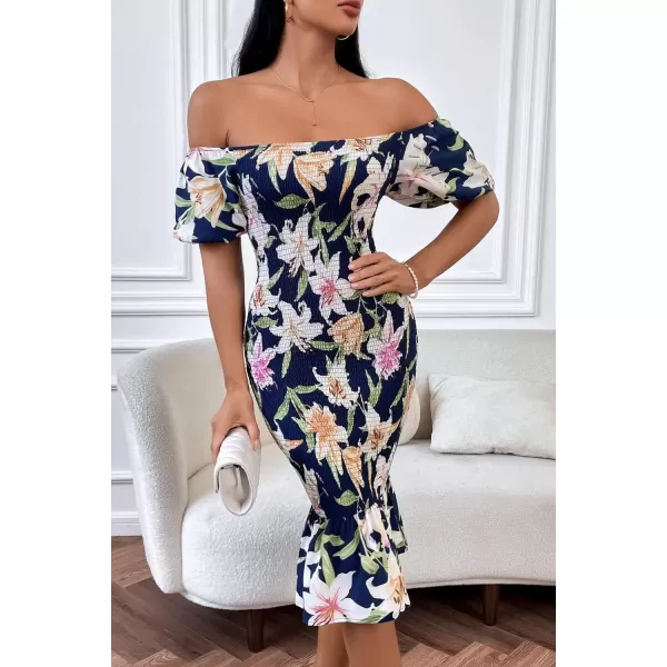 imagePRETTYGARDEN Womens Summer Floral Midi Bodycon Dresses Short Puff Sleeve Square Neck Ruffle Hem Mermaid Cocktail DressFloral Navy White