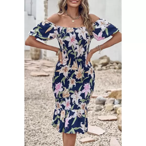 imagePRETTYGARDEN Womens Summer Floral Midi Bodycon Dresses Short Puff Sleeve Square Neck Ruffle Hem Mermaid Cocktail DressFloral Navy White