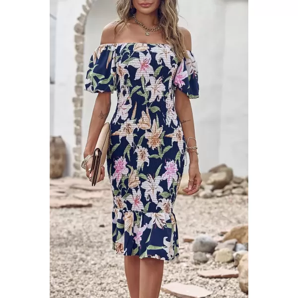 imagePRETTYGARDEN Womens Summer Floral Midi Bodycon Dresses Short Puff Sleeve Square Neck Ruffle Hem Mermaid Cocktail DressFloral Navy White