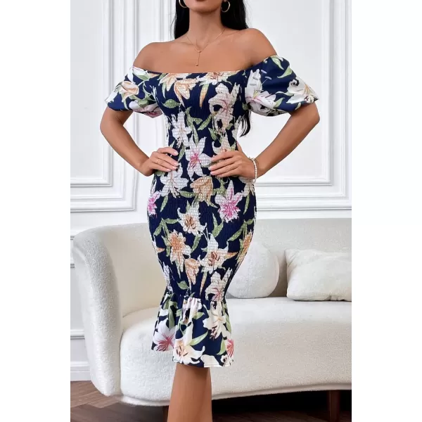 imagePRETTYGARDEN Womens Summer Floral Midi Bodycon Dresses Short Puff Sleeve Square Neck Ruffle Hem Mermaid Cocktail DressFloral Navy White