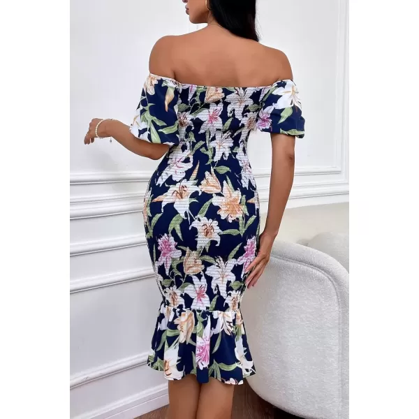 imagePRETTYGARDEN Womens Summer Floral Midi Bodycon Dresses Short Puff Sleeve Square Neck Ruffle Hem Mermaid Cocktail DressFloral Navy White