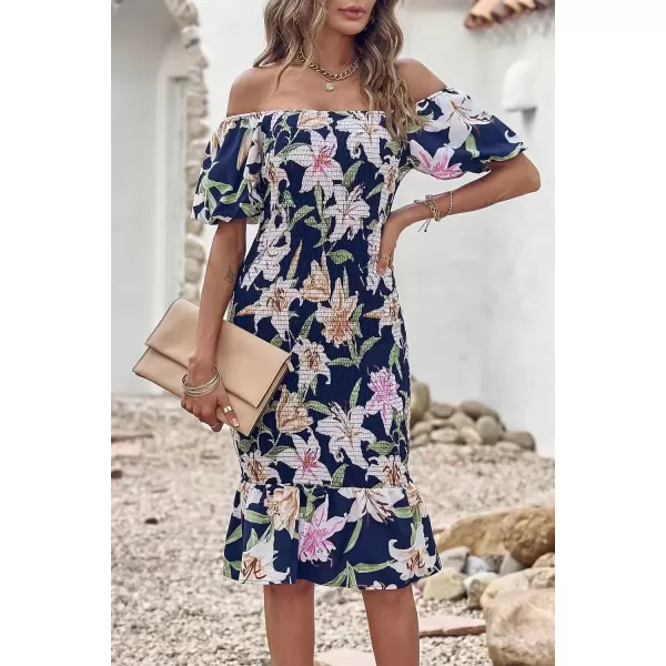 imagePRETTYGARDEN Womens Summer Floral Midi Bodycon Dresses Short Puff Sleeve Square Neck Ruffle Hem Mermaid Cocktail DressFloral Navy White