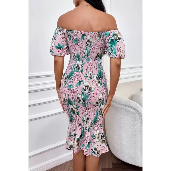 imagePRETTYGARDEN Womens Summer Floral Midi Bodycon Dresses Short Puff Sleeve Square Neck Ruffle Hem Mermaid Cocktail DressFloral Pink Green Apricot