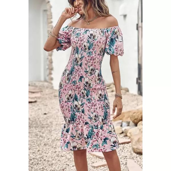 imagePRETTYGARDEN Womens Summer Floral Midi Bodycon Dresses Short Puff Sleeve Square Neck Ruffle Hem Mermaid Cocktail DressFloral Pink Green Apricot