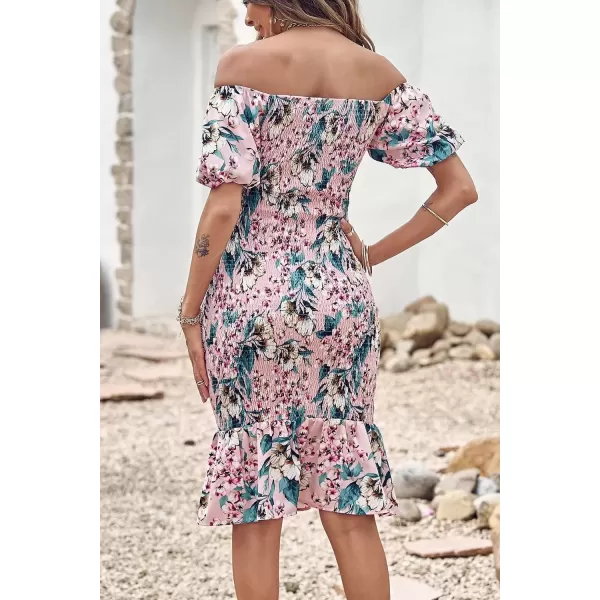 imagePRETTYGARDEN Womens Summer Floral Midi Bodycon Dresses Short Puff Sleeve Square Neck Ruffle Hem Mermaid Cocktail DressFloral Pink Green Apricot