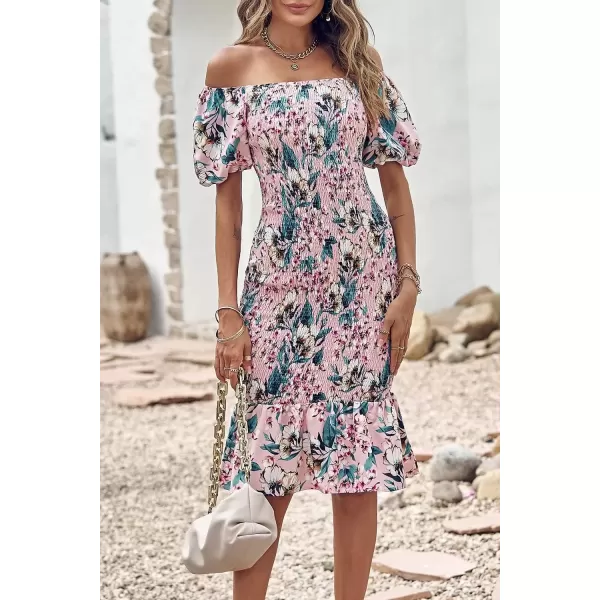 imagePRETTYGARDEN Womens Summer Floral Midi Bodycon Dresses Short Puff Sleeve Square Neck Ruffle Hem Mermaid Cocktail DressFloral Pink Green Apricot