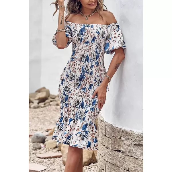 imagePRETTYGARDEN Womens Summer Floral Midi Bodycon Dresses Short Puff Sleeve Square Neck Ruffle Hem Mermaid Cocktail DressFloral White Blue