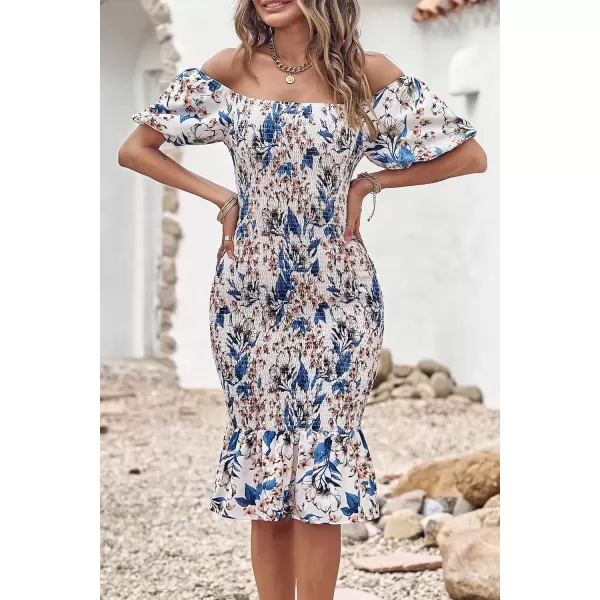 imagePRETTYGARDEN Womens Summer Floral Midi Bodycon Dresses Short Puff Sleeve Square Neck Ruffle Hem Mermaid Cocktail DressFloral White Blue
