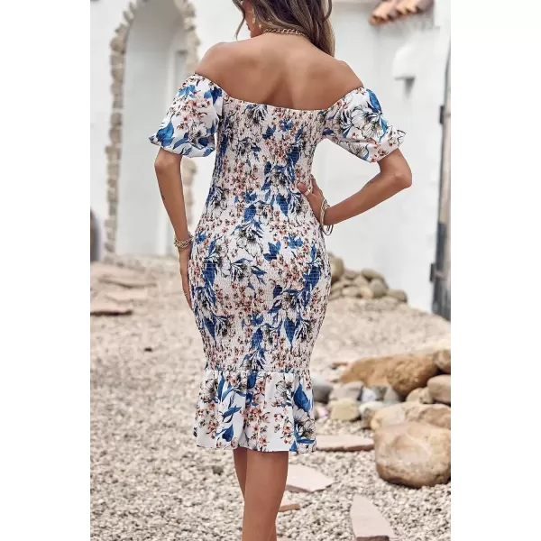 imagePRETTYGARDEN Womens Summer Floral Midi Bodycon Dresses Short Puff Sleeve Square Neck Ruffle Hem Mermaid Cocktail DressFloral White Blue