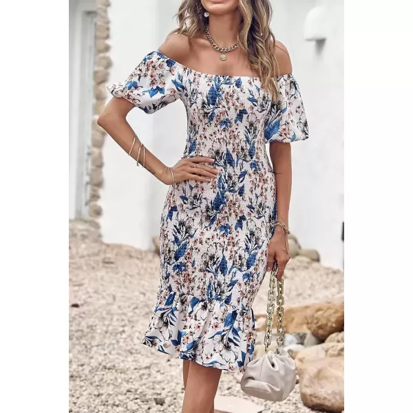 imagePRETTYGARDEN Womens Summer Floral Midi Bodycon Dresses Short Puff Sleeve Square Neck Ruffle Hem Mermaid Cocktail DressFloral White Blue
