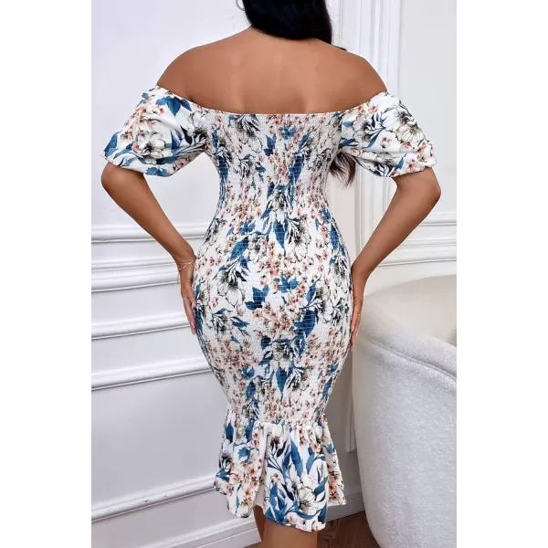 imagePRETTYGARDEN Womens Summer Floral Midi Bodycon Dresses Short Puff Sleeve Square Neck Ruffle Hem Mermaid Cocktail DressFloral White Blue