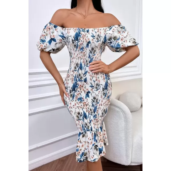 imagePRETTYGARDEN Womens Summer Floral Midi Bodycon Dresses Short Puff Sleeve Square Neck Ruffle Hem Mermaid Cocktail DressFloral White Blue