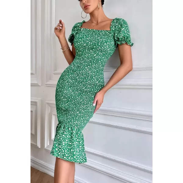 imagePRETTYGARDEN Womens Summer Floral Midi Bodycon Dresses Short Puff Sleeve Square Neck Ruffle Hem Mermaid Cocktail DressGreen