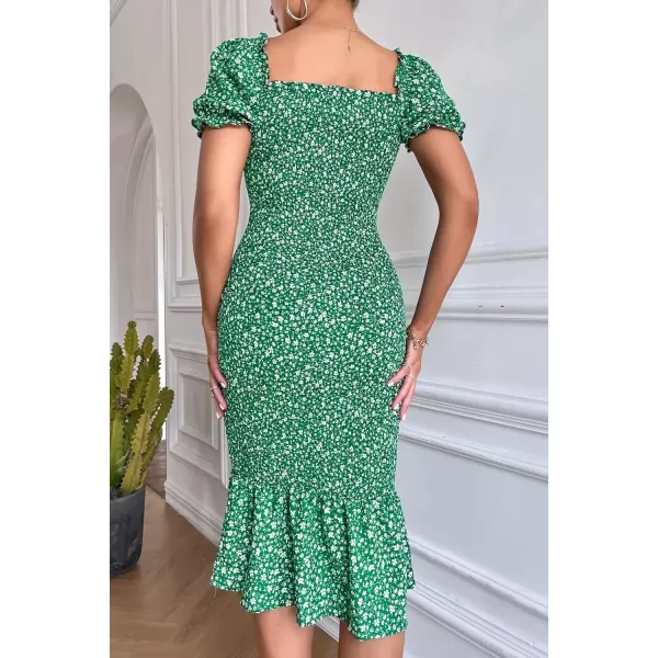 imagePRETTYGARDEN Womens Summer Floral Midi Bodycon Dresses Short Puff Sleeve Square Neck Ruffle Hem Mermaid Cocktail DressGreen