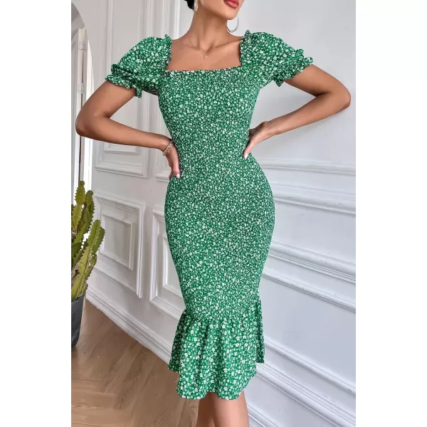 imagePRETTYGARDEN Womens Summer Floral Midi Bodycon Dresses Short Puff Sleeve Square Neck Ruffle Hem Mermaid Cocktail DressGreen