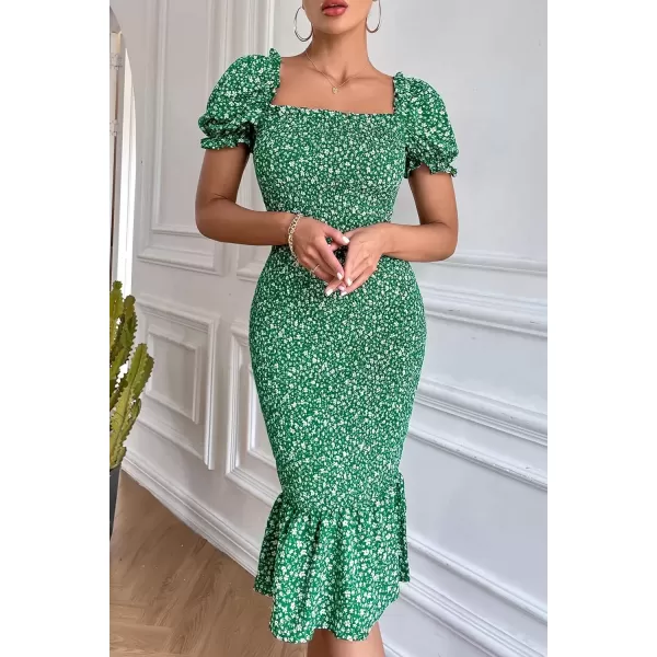 imagePRETTYGARDEN Womens Summer Floral Midi Bodycon Dresses Short Puff Sleeve Square Neck Ruffle Hem Mermaid Cocktail DressGreen