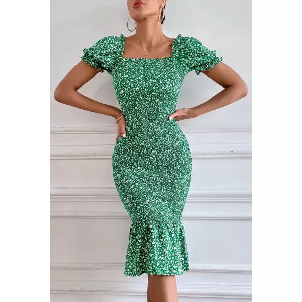 imagePRETTYGARDEN Womens Summer Floral Midi Bodycon Dresses Short Puff Sleeve Square Neck Ruffle Hem Mermaid Cocktail DressGreen