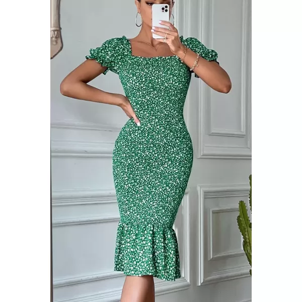 imagePRETTYGARDEN Womens Summer Floral Midi Bodycon Dresses Short Puff Sleeve Square Neck Ruffle Hem Mermaid Cocktail DressGreen