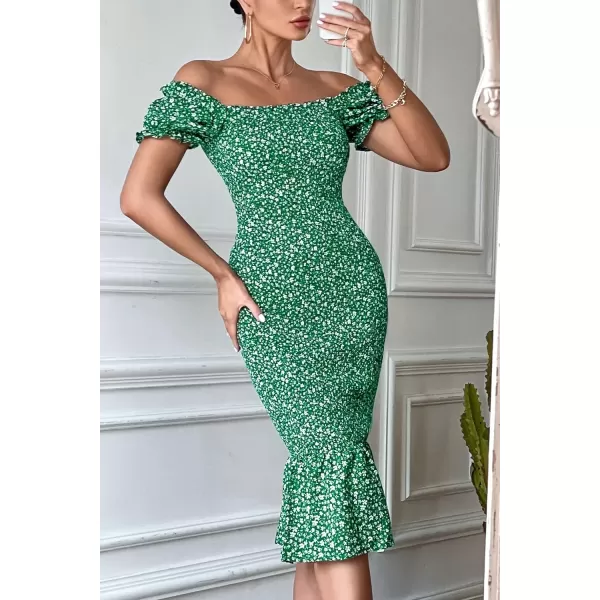 imagePRETTYGARDEN Womens Summer Floral Midi Bodycon Dresses Short Puff Sleeve Square Neck Ruffle Hem Mermaid Cocktail DressGreen