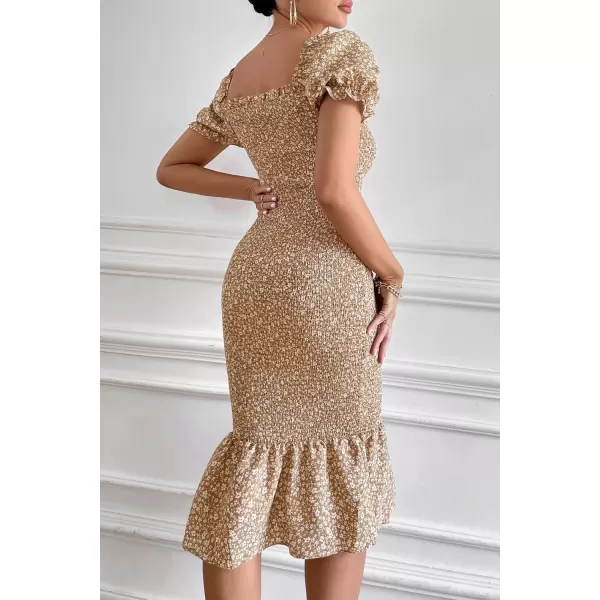 imagePRETTYGARDEN Womens Summer Floral Midi Bodycon Dresses Short Puff Sleeve Square Neck Ruffle Hem Mermaid Cocktail DressKhaki