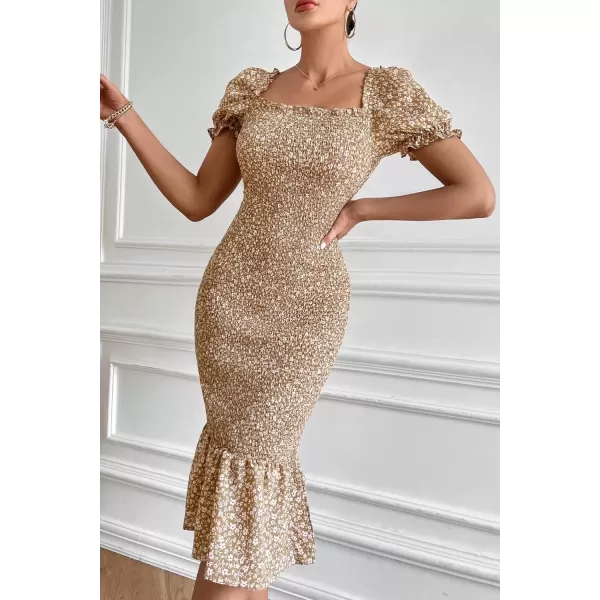 imagePRETTYGARDEN Womens Summer Floral Midi Bodycon Dresses Short Puff Sleeve Square Neck Ruffle Hem Mermaid Cocktail DressKhaki