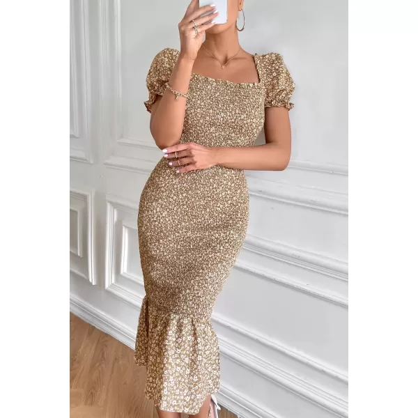 imagePRETTYGARDEN Womens Summer Floral Midi Bodycon Dresses Short Puff Sleeve Square Neck Ruffle Hem Mermaid Cocktail DressKhaki