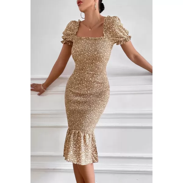 imagePRETTYGARDEN Womens Summer Floral Midi Bodycon Dresses Short Puff Sleeve Square Neck Ruffle Hem Mermaid Cocktail DressKhaki