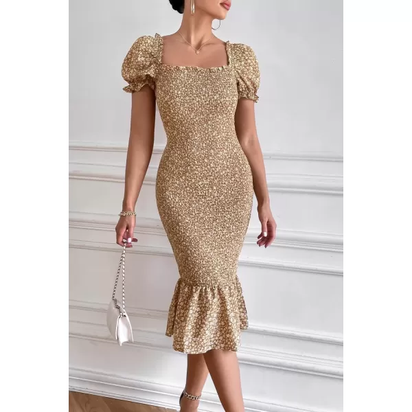 imagePRETTYGARDEN Womens Summer Floral Midi Bodycon Dresses Short Puff Sleeve Square Neck Ruffle Hem Mermaid Cocktail DressKhaki