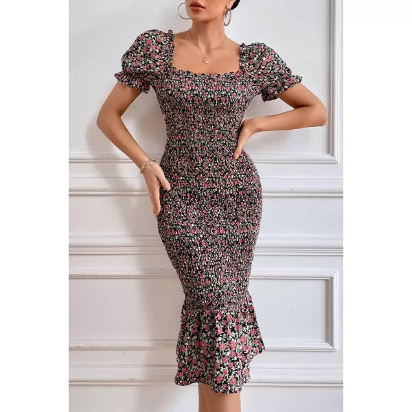 imagePRETTYGARDEN Womens Summer Floral Midi Bodycon Dresses Short Puff Sleeve Square Neck Ruffle Hem Mermaid Cocktail DressOrange