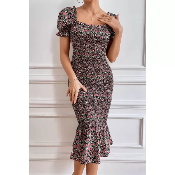 imagePRETTYGARDEN Womens Summer Floral Midi Bodycon Dresses Short Puff Sleeve Square Neck Ruffle Hem Mermaid Cocktail DressOrange