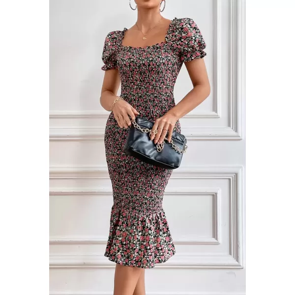 imagePRETTYGARDEN Womens Summer Floral Midi Bodycon Dresses Short Puff Sleeve Square Neck Ruffle Hem Mermaid Cocktail DressOrange