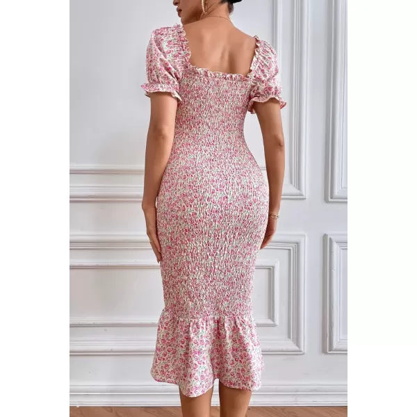 imagePRETTYGARDEN Womens Summer Floral Midi Bodycon Dresses Short Puff Sleeve Square Neck Ruffle Hem Mermaid Cocktail DressPink