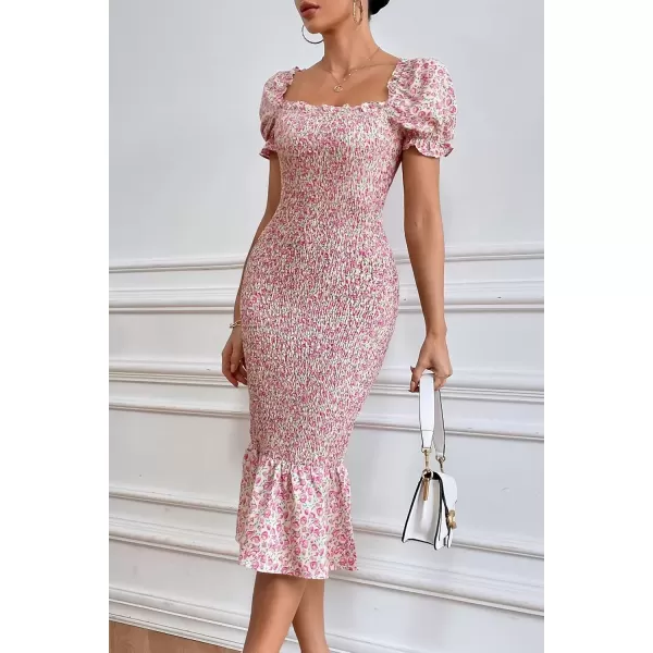imagePRETTYGARDEN Womens Summer Floral Midi Bodycon Dresses Short Puff Sleeve Square Neck Ruffle Hem Mermaid Cocktail DressPink