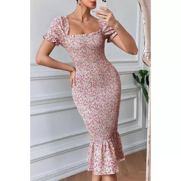 imagePRETTYGARDEN Womens Summer Floral Midi Bodycon Dresses Short Puff Sleeve Square Neck Ruffle Hem Mermaid Cocktail DressPink
