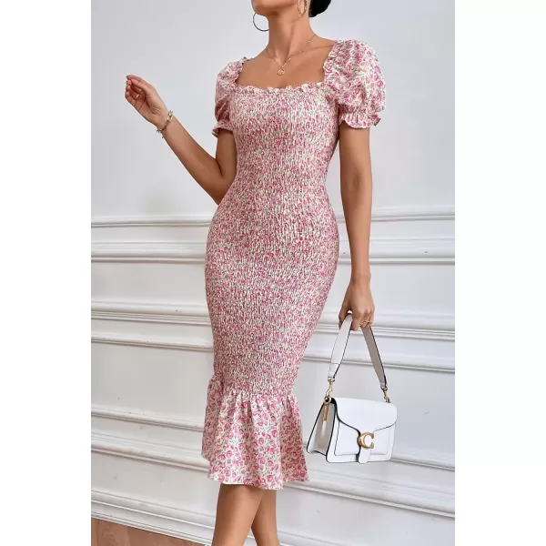 imagePRETTYGARDEN Womens Summer Floral Midi Bodycon Dresses Short Puff Sleeve Square Neck Ruffle Hem Mermaid Cocktail DressPink