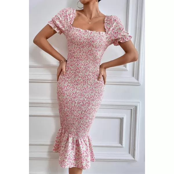 imagePRETTYGARDEN Womens Summer Floral Midi Bodycon Dresses Short Puff Sleeve Square Neck Ruffle Hem Mermaid Cocktail DressPink