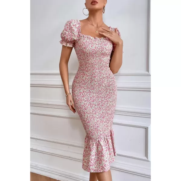 imagePRETTYGARDEN Womens Summer Floral Midi Bodycon Dresses Short Puff Sleeve Square Neck Ruffle Hem Mermaid Cocktail DressPink