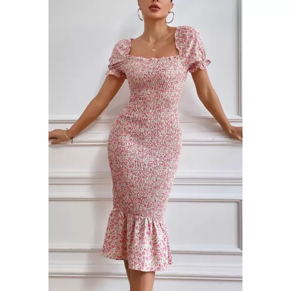imagePRETTYGARDEN Womens Summer Floral Midi Bodycon Dresses Short Puff Sleeve Square Neck Ruffle Hem Mermaid Cocktail DressPink