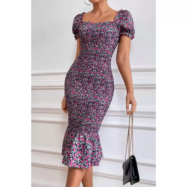 imagePRETTYGARDEN Womens Summer Floral Midi Bodycon Dresses Short Puff Sleeve Square Neck Ruffle Hem Mermaid Cocktail DressPurple