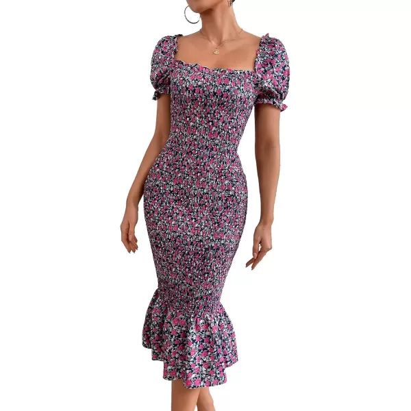 imagePRETTYGARDEN Womens Summer Floral Midi Bodycon Dresses Short Puff Sleeve Square Neck Ruffle Hem Mermaid Cocktail DressPurple