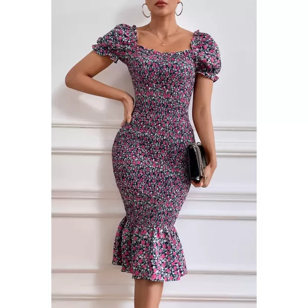imagePRETTYGARDEN Womens Summer Floral Midi Bodycon Dresses Short Puff Sleeve Square Neck Ruffle Hem Mermaid Cocktail DressPurple