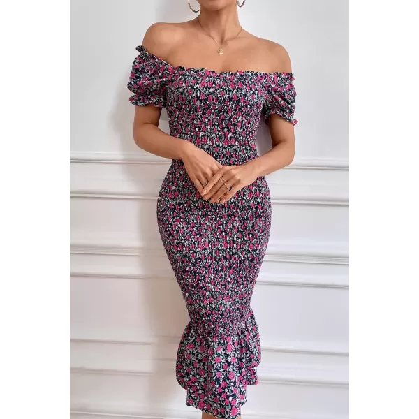 imagePRETTYGARDEN Womens Summer Floral Midi Bodycon Dresses Short Puff Sleeve Square Neck Ruffle Hem Mermaid Cocktail DressPurple