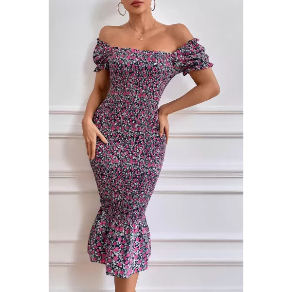 imagePRETTYGARDEN Womens Summer Floral Midi Bodycon Dresses Short Puff Sleeve Square Neck Ruffle Hem Mermaid Cocktail DressPurple