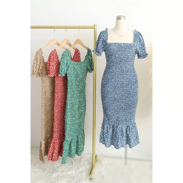 imagePRETTYGARDEN Womens Summer Floral Midi Bodycon Dresses Short Puff Sleeve Square Neck Ruffle Hem Mermaid Cocktail DressRed