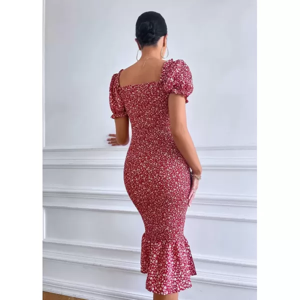 imagePRETTYGARDEN Womens Summer Floral Midi Bodycon Dresses Short Puff Sleeve Square Neck Ruffle Hem Mermaid Cocktail DressRed