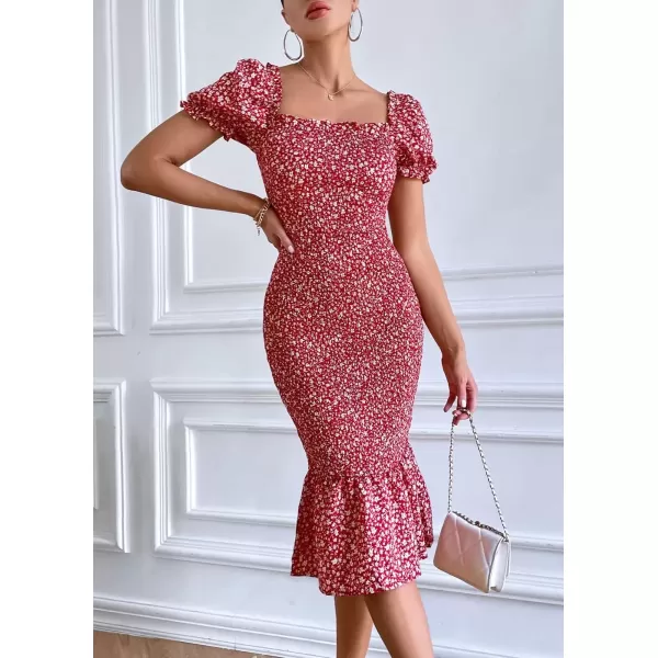 imagePRETTYGARDEN Womens Summer Floral Midi Bodycon Dresses Short Puff Sleeve Square Neck Ruffle Hem Mermaid Cocktail DressRed