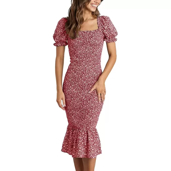 imagePRETTYGARDEN Womens Summer Floral Midi Bodycon Dresses Short Puff Sleeve Square Neck Ruffle Hem Mermaid Cocktail DressRed