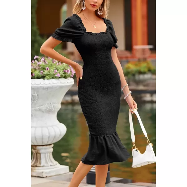 imagePRETTYGARDEN Womens Summer Floral Midi Bodycon Dresses Short Puff Sleeve Square Neck Ruffle Hem Mermaid Cocktail DressSolid Black