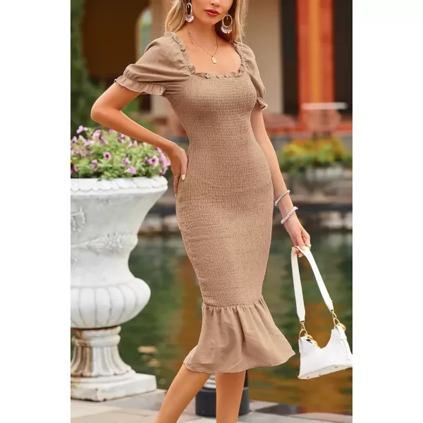 imagePRETTYGARDEN Womens Summer Floral Midi Bodycon Dresses Short Puff Sleeve Square Neck Ruffle Hem Mermaid Cocktail DressSolid Khaki